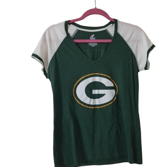 Green Bay Packers Majestic Womens V-Neck T-Shirt With Matthews #52 & Logo Graphi - Picture 1 of 3
